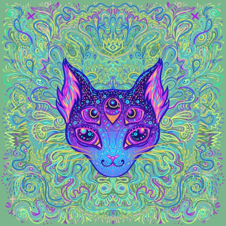 Cute fox or cat face over psychedelic ornate pattern. Character tattoo design for pet lovers, artwork for print, textiles. Detailed vector illustration. Totem animal.