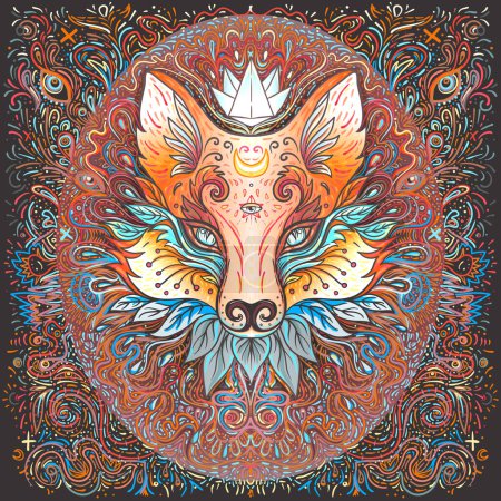 Cute fox or cat face over psychedelic ornate pattern. Character tattoo design for pet lovers, artwork for print, textiles. Detailed vector illustration. Totem animal.