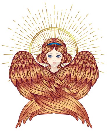 Illustration for Sirin, Alkonost, Gamayun mythological creature of Russian legends. Angel girl with wings. Isolated hand drawn vector illustration. Trendy Vintage style element. Spirituality, occultism, alchemy, magic - Royalty Free Image