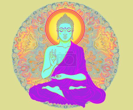 Säure Lord Buddha, verzierte Mandala runde Muster Pilz Illustration. Esoterische Vintage-Vektorillustration. Indisch, Buddhismus, spirituelle Kunst. Hippie-Tattoo, Spiritualität, Rave-Party-Plakat.