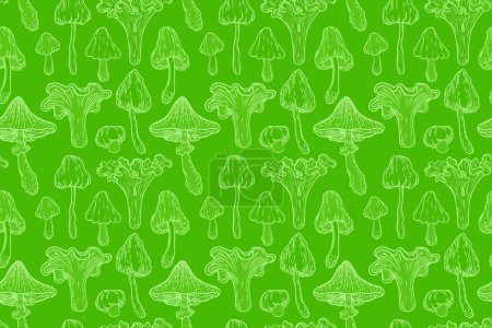 Magic mushrooms seamless pattern. Psychedelic hallucination. 60s hippie art in bright green color. Vintage psychedelic textile, fabric, wrapping, wallpaper. Vector repeating illustration.
