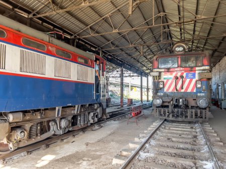 Photo for Lonavala, India - April 02 2023: WAG7 electric locomotive of the Indian Railways at Lonavala India. - Royalty Free Image