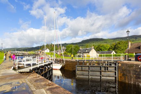 Photo for FORT AUGUSTUS, SCOTHLAND 2022, August 20: Swing bridge and locks in Fort Augustus, Scotland - Royalty Free Image