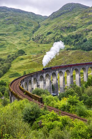 Téléchargez les photos : Viaduc du chemin de fer Glenfinnan en Écosse avec le train à vapeur jacobite qui passe, Écosse - en image libre de droit