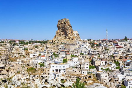 Beautiful view of Ortahisar and its rock castle, one of the highest points in Cappadocia