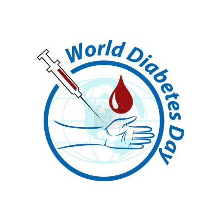 Téléchargez les illustrations : World diabetes day awareness poster blood drip symbol with blue circle ring frame logo badge design.EPS 10 - en licence libre de droit