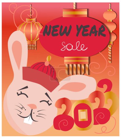 Foto de Ilustración del Año Nuevo y Año Nuevo CHINO. Venta de Año Nuevo. Utilizado para pancartas y venta posters.rabbit y linterna - Imagen libre de derechos