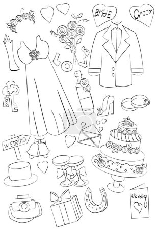 Illustration for A hand-drawn wedding set.Wedding attributes of the bride and groom.dress,flowers,glasses,invitations, etc.Wedding black and white doodle, - Royalty Free Image