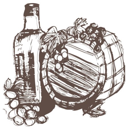 Foto de Bosquejo de vino bosquejo dibujado a mano con vidrio, vid, uva, aislado en blanco. Colección en estilo vintage grabado con botellas, corchos, barril para logotipos, etiquetas, paquetes, menús. - Imagen libre de derechos