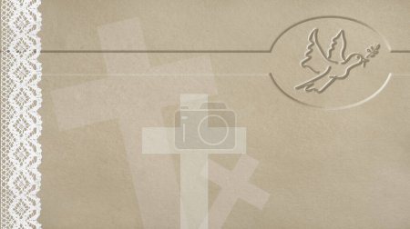 Téléchargez les photos : Fond religieux avec une colombe avec une brindille d'olive dans la bouche gravée sur un fond brun texturé avec des croix dessinées et des détails en dentelle. - en image libre de droit