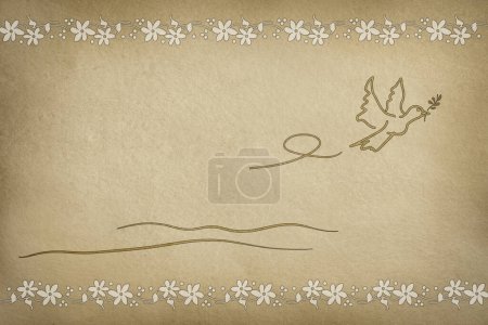 Téléchargez les photos : Illustration avec fond brun texturé avec colombe représentant la paix avec branche d'olivier dans son bec volant et motifs floraux au-dessus et en dessous. - en image libre de droit