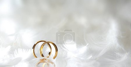 Téléchargez les photos : Détail de deux anneaux d'or debout sur une base réfléchissante et de nombreuses plumes blanches autour. Vue de face. - en image libre de droit