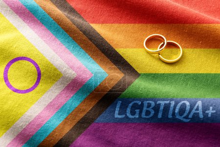 Conceptual detail of wedding between people of the lgbt collective with gold rings over textured lgbt progress flag with rainbow colors and text. Top view.