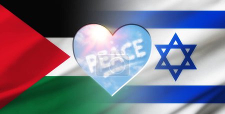 Concept of peace between Palestine and Israel with flags of each country with a heart cut out in the middle with a sky background with text.