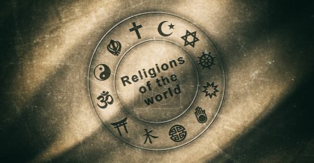 Drapeau avec des symboles de diverses religions du monde gravés sur tissu texturé beige avec des ondulations sales et anciennes