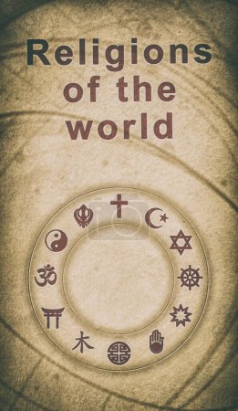 Arrière-plan avec des symboles de diverses religions du monde avec effet texturé beige antique.