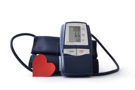 Blue digital blood pressure monitor for home with cutout of red heart for blood pressure monitoring on white isolated background. Front view.