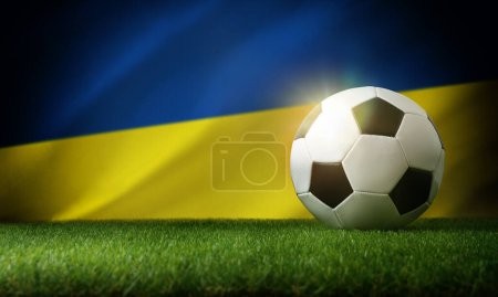 Ukraine composition de l'équipe nationale avec balle classique sur l'herbe et drapeau en arrière-plan. Vue du dessus.
