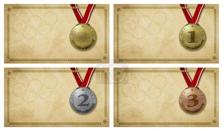Conjunto de certificados de calificación olímpica marrón en blanco con dibujos y medallas para la posición en la participación en eventos deportivos,