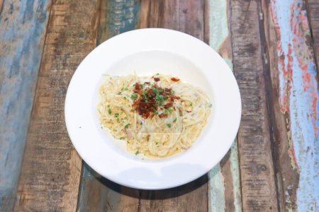 Photo for Pasta carbonara ,spaghetti or spaghetti carbonara for serve - Royalty Free Image