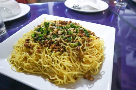 noodles ,stir fried noodles with pork and vegetable or noodles without soup for serve