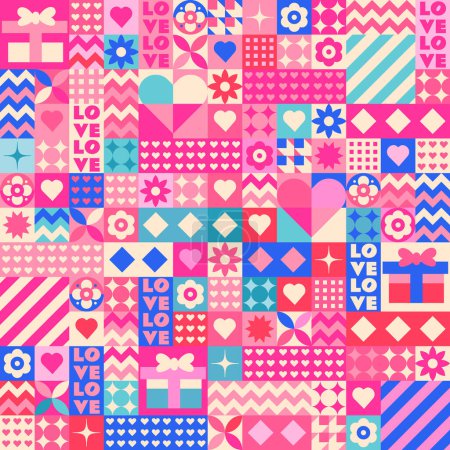 Ilustración de Patrón de mosaico rosa para el Día de San Valentín. Corazones, flores, confesiones de amor, regalos y mucho amor en un diseño. Perfecto como una envoltura de regalo, papel pintado, ropa, fondo de página web. - Imagen libre de derechos