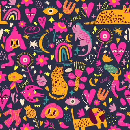 Foto de Fantastic seamless pattern on a dark background with various animals, interesting facial expressions, hearts and small details. This design will make your project special. - Imagen libre de derechos