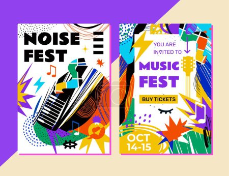 Téléchargez les illustrations : 2 Abstract Musical Festivals Templates. Modern, bright, eye-catching design. Perfect as a poster, outdoor advertising, also for social networks and much more. Size A4. Vector illustration. - en licence libre de droit