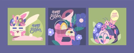 Foto de 3 illustrations for Happy Easter Day. Cute character holding Easter eggs bunny, chicken and ladybug. This design immerses you in the holiday and spring. Perfect for your project! - Imagen libre de derechos