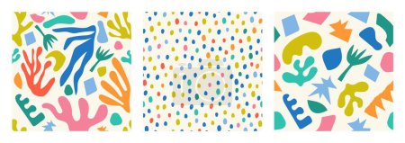 Foto de Conjunto de patrones vectoriales abstractos sin costura en estilo Matisse con formas abstractas dibujadas a mano, puntos, flores. Ideal para papel pintado, diseño de ropa, envoltura y más - Imagen libre de derechos