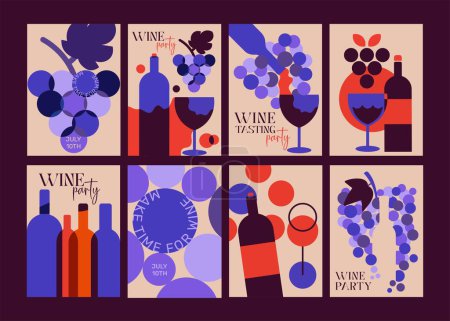 Téléchargez les illustrations : 8 affiches pour la dégustation de vin. La conception est faite de deux couleurs principales en bordeaux - la couleur du vin, et violet - la couleur des raisins. Un design moderne et sobre rendra votre projet complet! - en licence libre de droit