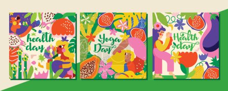 Ilustración de 3 Ilustraciones para el Día Internacional del Yoga o Día de la Salud Las mujeres que cuidan su salud mental y física, hacen yoga, meditan, comen bien, se toman su tiempo. Verduras y frutas caracterizan un estilo de vida saludable. - Imagen libre de derechos