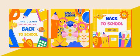 Illustration for Set of 3 Back to School Templates. Modern, bright design with a variety of school supplies and cute little planets and a teddy bear. This design will make your advertisement, invitation or poster stand out. - Royalty Free Image