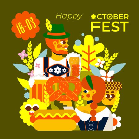 Téléchargez les illustrations : Illustration pour Oktoberfest ! Image d'une femme et d'un homme allemands en costumes traditionnels entourés de beaucoup de bière. Œuvre magique qui vous emmènera au cœur des vacances. Santé !! - en licence libre de droit