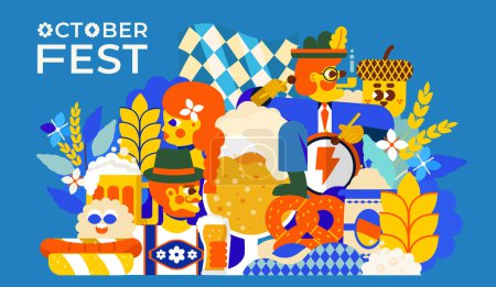 Illustration for Oktoberfest illustration.The image conveys the unique spirit of the holiday: people in traditional costumes raising beer mugs, german food and a lot of beer. Will perfectly complement your project. - Royalty Free Image