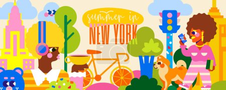 Ilustración de Sumérgete en verano en Nueva York con esta vibrante ilustración. Siente la energía de la ciudad entre la gente, el parque verde y los famosos rascacielos. - Imagen libre de derechos