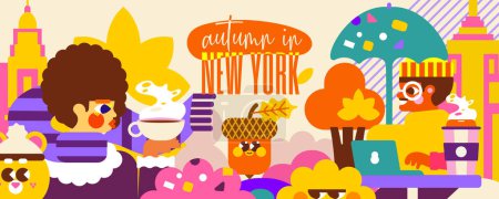 Illustration for Immerse yourself in autumn in New York with this vibrant illustration. Yellow, falling leaves, warm rain, a mug of hot tea, and a cozy sweater. Feel the energy of the city among the people. - Royalty Free Image