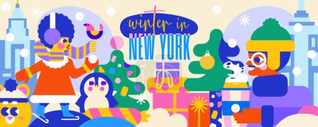 Téléchargez les illustrations : Plongez dans l'hiver new-yorkais avec cette illustration festive. Neige, cadeaux, patinage, une tasse de chocolat chaud, des pulls confortables, des chapeaux chauds et l'humeur des vacances d'hiver à venir. - en licence libre de droit