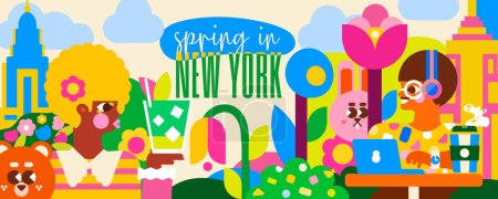 Téléchargez les illustrations : Plongez au printemps à New York avec cette illustration vibrante. Ressentez l'énergie de la ville parmi les gens, le parc verdoyant et les célèbres gratte-ciel. - en licence libre de droit