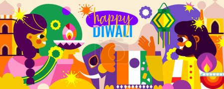 Illustration for Immerse yourself in the celebration of Diwali with this modern illustration! A cheerful Indian couple, an elephant and a sea of lights. Experience the essence of Diwali in one design! - Royalty Free Image