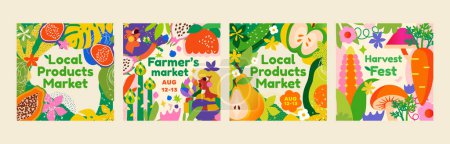 Illustration for 4 templates for a farmers market, harvest festival orfood fair. Suitable as a banner, advertisement or signboard . This design will definitely make your project stand out. - Royalty Free Image