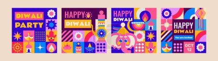 Téléchargez les illustrations : 4 modèles pour les vacances Diwali en style mosaïque. Lumineux, ensemble moderne avec des éléments festifs. Le design complétera parfaitement votre projet! - en licence libre de droit