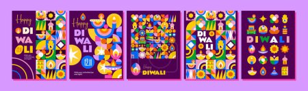 Ilustración de 5 Carteles de Diwali Feliz. Diseño brillante en estilo mosaico, muchas luces, flores y elementos festivos. Perfecto como un saludo, cubierta, papel pintado y mucho más - Imagen libre de derechos