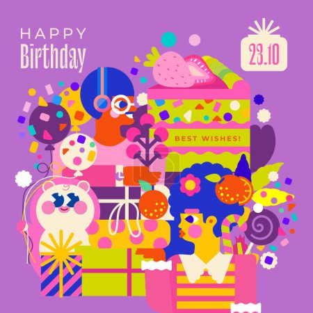Illustration for Celebrate a special birthday with this adorable illustration! A boy with a flower, a girl holding beautifully wrapped gifts, a cute teddy bear and bright balloons. The perfect gift for birthday wishes - Royalty Free Image