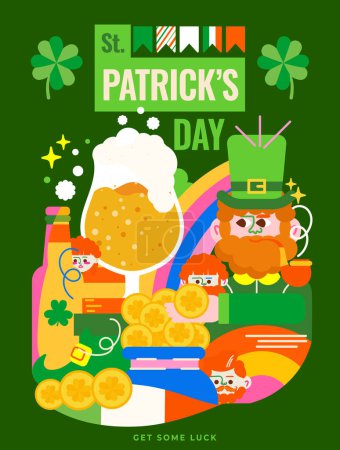 Illustration for Bright modern illustration for St. Patrick's Day. A jolly gnome, a shamrock, beer, a rainbow and a pot of glittering gold. Get into the holiday spirit with green and Irish colors. - Royalty Free Image
