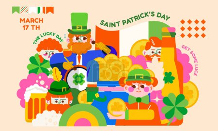 Illustration for Bright modern illustration for St. Patrick's Day. A jolly gnome, leprechauns, shamrocks, beer, lots of shiny gold in a pot. Get into the holiday spirit with green and Irish colors. - Royalty Free Image