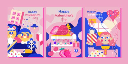 Ilustración de 3 plantillas rosas para el Día de San Valentín. Diseño plano moderno, regalos, dulces, bolas, corazones y amor. La ilustración es adecuada para saludos, invitaciones, tarjetas, publicidad y mucho más - Imagen libre de derechos