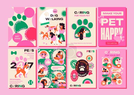 Ilustración de Conjunto de 8 carteles minimalistas para servicios de paseos de perros. Cuidado de mascotas, alimentación, visitas domiciliarias. El diseño es ideal tanto para los servicios de paseos de perros e individuos - Imagen libre de derechos