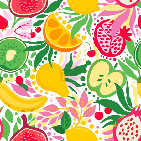 Illustration for Bright, summery fruit mix. Seamless pattern. Modern exotic design for wrapping, wallpaper, fabric, decoration print, interior decor and more - Royalty Free Image
