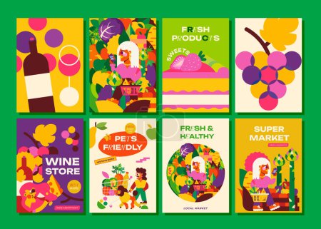 Illustration for 8 posters. Vegetables, fruits, sweets, wine and cheeses. These posters are visual stories that enhance the shopping experience.Suitable for supermarkets, small shops and cozy vegetable stalls - Royalty Free Image